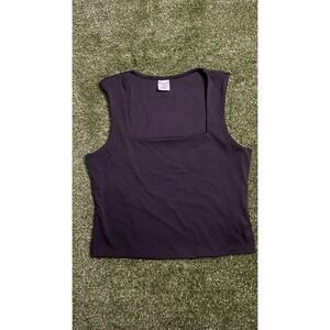 Womans SZ L Y2K Black Square Neck Cap Sleeve Top Minimalist Stretch Fitted Basic